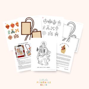 May include: A collection of printable religious art and craft templates. The images include line drawings of religious symbols, a depiction of Our Lady of Mt. Carmel, and instructions for making a scapular. The text "Catholic Printable Club" is at the bottom.