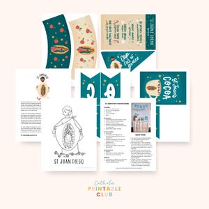 May include: A collection of printable materials for a St. Juan's Cocoa stand, featuring a banner, cup sleeves, and recipe cards. The design includes illustrations of the Virgin Mary and the text "St. Juan's Cocoa". The color palette is cream, teal, and gold.