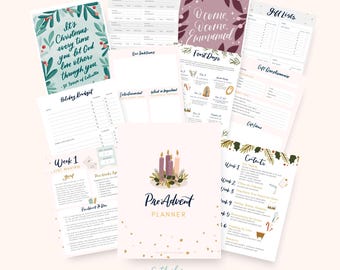 May include: A selection of printable planner pages in a soft, pastel colour scheme. The central planner is titled "PreAdvent Planner" and features a floral illustration with candles. Other pages include "Holiday Budget," "Gift Lists," and inspirational quotes.