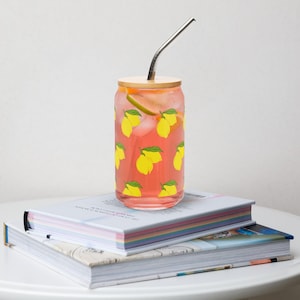 Lemon Print Glass Tumbler: Reusable Cup with Bamboo Lid & Straw