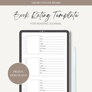 Peut inclure: Un modèle de notation de livre numérique pour un journal de lecture. Le modèle comporte trois sections pour enregistrer les informations sur les livres, notamment le titre, l'auteur, le genre, la longueur, la date de début, la date de fin et les notes. Chaque section dispose d'un système de notation à cinq étoiles.