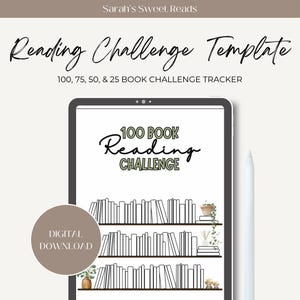 Op de afbeelding: Een digitaal downloadbare sjabloon voor een 100-boek leesuitdaging tracker. De sjabloon bevat een boekenkast met boeken en planten. De tekst "100 Book Reading Challenge" staat bovenaan de sjabloon.