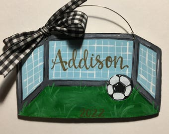 Soccer goal Christmas ornament personalized with name or team,  soccer ball player ornament, league coach gift