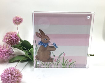 Bunny rabbit watercolor with stripes - bunny nursery decor - baby gift - watercolor print - personalized art print - framed baby prints