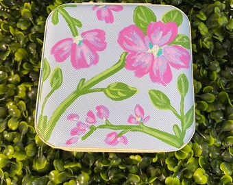 Travel jewelry case painted with light blue background and bright florals, Easter Mother’s Day bridal gift, hand painted personalized box