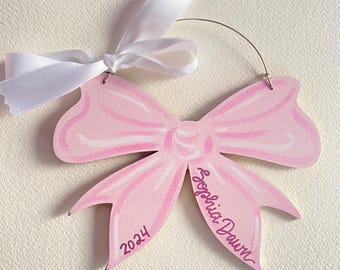 large pink bow personalized painted Christmas ornament, little girl hair bow ornament, kids tree decorations , gift for girly girl