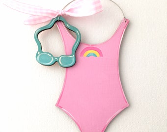 Swim Ornament - Swimsuit Ornament - Swim Team Ornament - Goggles Ornament - personalized - Swim Coach gift - Rainbow ornament