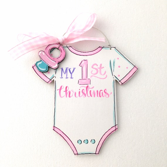 New Baby first Christmas ornament,  personalized newborn ornament, painted ornament for baby girl, bodysuit and pacifier painted gift