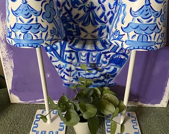 Cordless Table Lamp, Battery Operated Light, Portable Waterproof Rechargeable w/ 3 Temps, hand painted, blue chinoiserie decor, metal shade