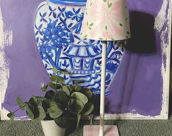 Cordless Table Lamp, Battery Operated Light, Portable Waterproof Rechargeable w/ 3 Temps, hand painted, pink roses bow, pink plaid, metal