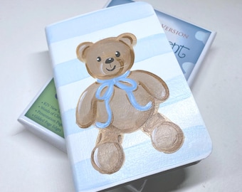 KJV Baby's New Testament Bible, small personalized baby, blue stripes, teddy bear, custom hand painted books