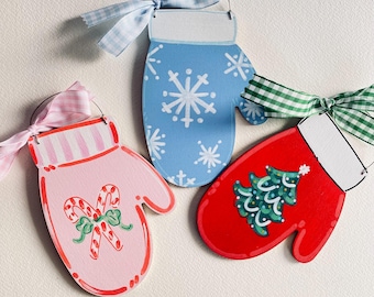 Hand Painted Wood Mitten Christmas Ornament: Personalized Keepsake Gift