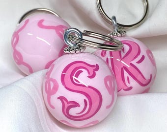 Painted wood ball keychain with pink bows and initial, personalized preppy gift
