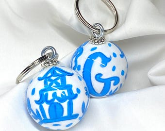 Painted wood ball keychain with blue and white chinoiserie and blue initial, grand millennial gift, personalized gift for new home, pagoda