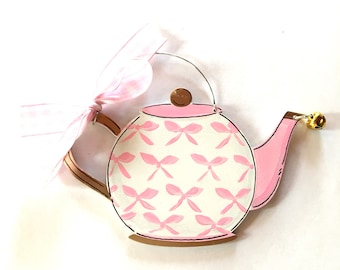 Pink bows Teapot Christmas ornament, personalized tea party ornament for little girl, personalized pink bows gift, custom Christmas