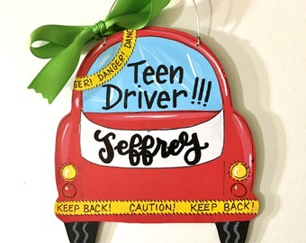 New Teenage driver Christmas ornament, funny caution tape on car, 16th Birthday keepsake, personalized ornament, teen drivers permit gift