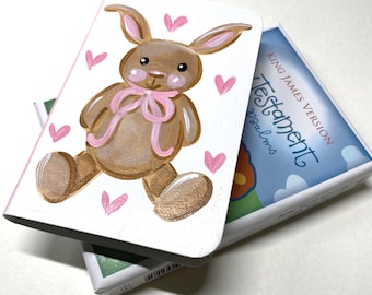 KJV Baby's New Testament Bible, small personalized baby, pink hearts, bunny rabbit, custom hand painted books