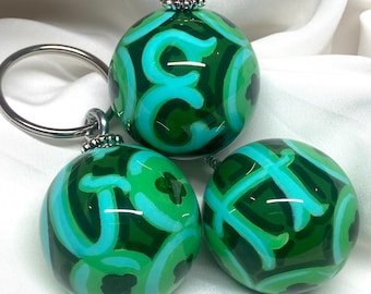 Quatrefoil Keychain with Initial, Hand Painted Wooden Ball Key Fob, Bridesmaid Favor, harmony good luck symbol