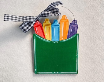Box of crayons Christmas ornament personalized with name, preschooler teacher school gift, artist gift