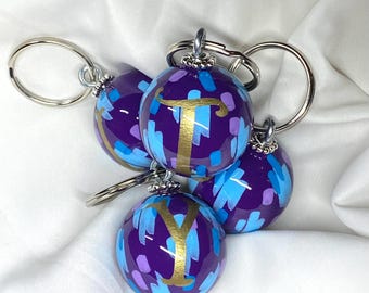 Hand Painted Abstract Purple Keychain with Gold Initial | Wooden Ball Key Fob | Bridesmaid Gift, Teen Girl Gift, Purse Charm, Mom Gift