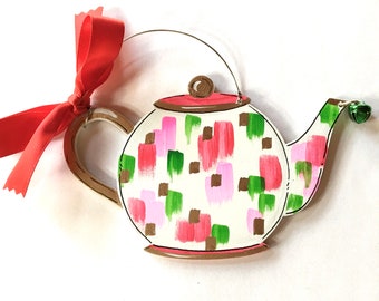 Teapot Christmas ornament, personalized teapot ornament, personalized Christmas teapot gift, custom Christmas gift, red and green teapot