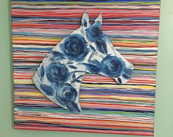 Chinoiserie Horse Painting: Rainbow Stripes, Floral Wood Cutout (20x20)