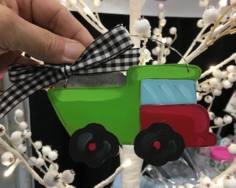 Personalized Dump Truck Christmas Ornament: Painted Wood Construction Truck
