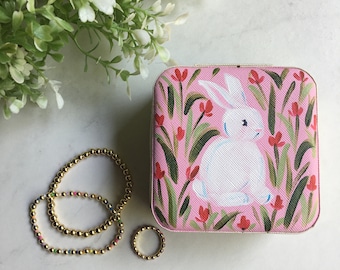 Travel jewelry case painted with pink background, white bunny rabbit and red flowers, little girl travel personalized custom jewelry box