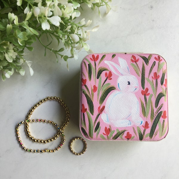 Travel jewelry case painted with pink background, white bunny rabbit and red flowers, little girl travel personalized custom jewelry box