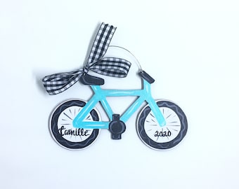 bicycle Christmas ornament personalized with name, bicyclist Christmas gift, new bike for Christmas keepsake ornament, no training wheels
