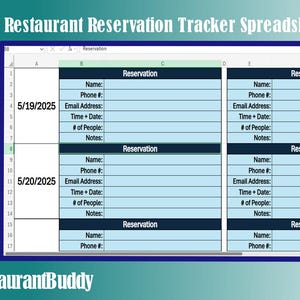 Könnte beinhalten: Eine digitale Tabelle mit dem Titel "Restaurant Reservation Tracker Spreadsheet" mit Feldern für Reservierungsdetails. Der Text rechts lautet: "Passen Sie das Startdatum oben an! Verfolgen Sie Ihre Reservierungen ganz einfach!" Das RestaurantBuddy-Logo befindet sich unten.