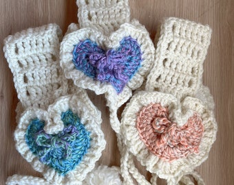 heart ribbon crochet earmuffs | one only of each in stock! | handmade ooak rainbow ombre gradient mellowcholic.