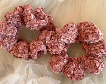 velvet crochet scrunchie | handmade thick and soft cute pink velvet crochet scrunchies elastic hair tie ready made mellowcholic.