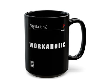 Workaholic PS2 Game Cover - Retro Gaming Mug Design - Uniek cadeau voor gamers - Zwarte mok (11oz, 15oz)