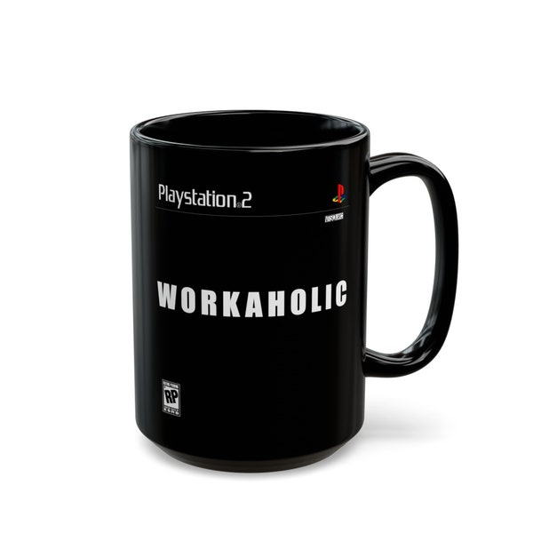 Workaholic PS2 Game Cover - Retro Gaming Mug Design - Unique Gift for Gamers - Black Mug (11oz, 15oz)