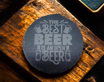 Funny Beer Coaster | Laser Engraved Slate, 'Open Beer' Quote