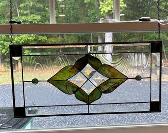 Earthy Green/Brown Stained Glass and Beveled Window Panel-Transom