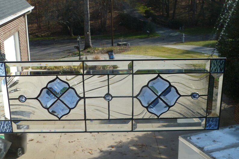 Clear-Blue Beveled and Stained Glass Window Transom