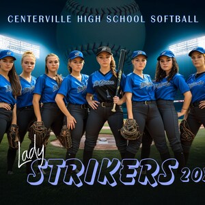May include: A group of young women in blue and black softball uniforms pose in front of a baseball field. The team name "Lady Strikers 20XX" is written in large, stylized letters at the bottom of the image.