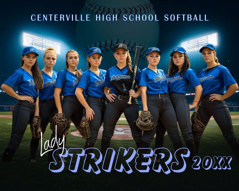 May include: A group of young women in blue and black softball uniforms pose in front of a baseball field. The team name "Lady Strikers 20XX" is written in large, stylized letters at the bottom of the image.