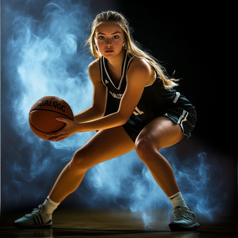 May include: A female basketball player in a black and white jersey dribbles a basketball with the word "SALGOG" on it. The player is in a low stance with a determined expression on her face. The background is a blue and white smoky effect.