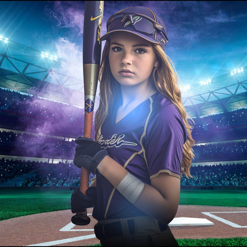 May include: A young woman in a purple and gold baseball uniform holds a wooden baseball bat. She is standing in a baseball stadium with a crowd of people in the background. The stadium is lit up with bright lights.
