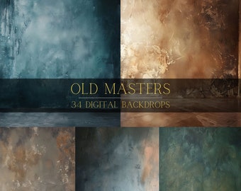 May include: A set of 34 digital backdrops featuring textured walls in various shades of blue, brown, and green. The backdrops are perfect for photographers and artists looking to create unique and interesting backgrounds for their work. "Old Masters" is written in gold lettering on a black banner.