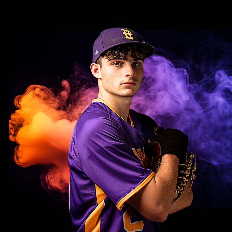 May include: A baseball player wearing a purple jersey with gold accents and a black baseball cap with a gold letter "B" on the front. The player is holding a baseball glove and is standing in front of a background of orange and purple smoke.