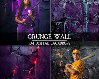 May include: Four digital backgrounds featuring grunge-style brick walls with paint splatters and cracks. The walls are in shades of purple, blue, black, and orange.  "Grunge Wall 104 Digital Backdrops" is written in white text on a black banner.