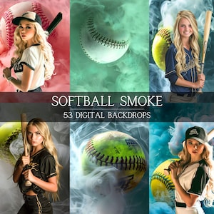 May include: A set of 53 digital backgrounds featuring softball imagery with smoke effects. The backgrounds are perfect for creating custom graphics, invitations, or social media posts.