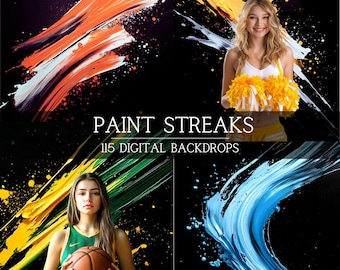 May include: Four digital backdrops featuring colorful paint streaks on a black background. The text "PAINT STREAKS 115 DIGITAL BACKDROPS" is displayed in the center of the image.