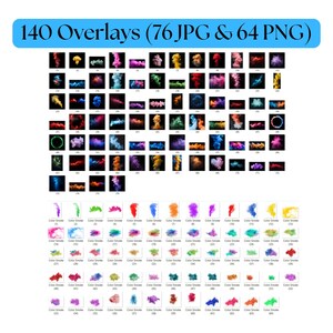 May include: A collection of 140 colorful smoke overlays, including 76 JPG and 64 PNG files. The images show various colors of smoke, including red, orange, yellow, green, blue, purple, and pink, against a black background.