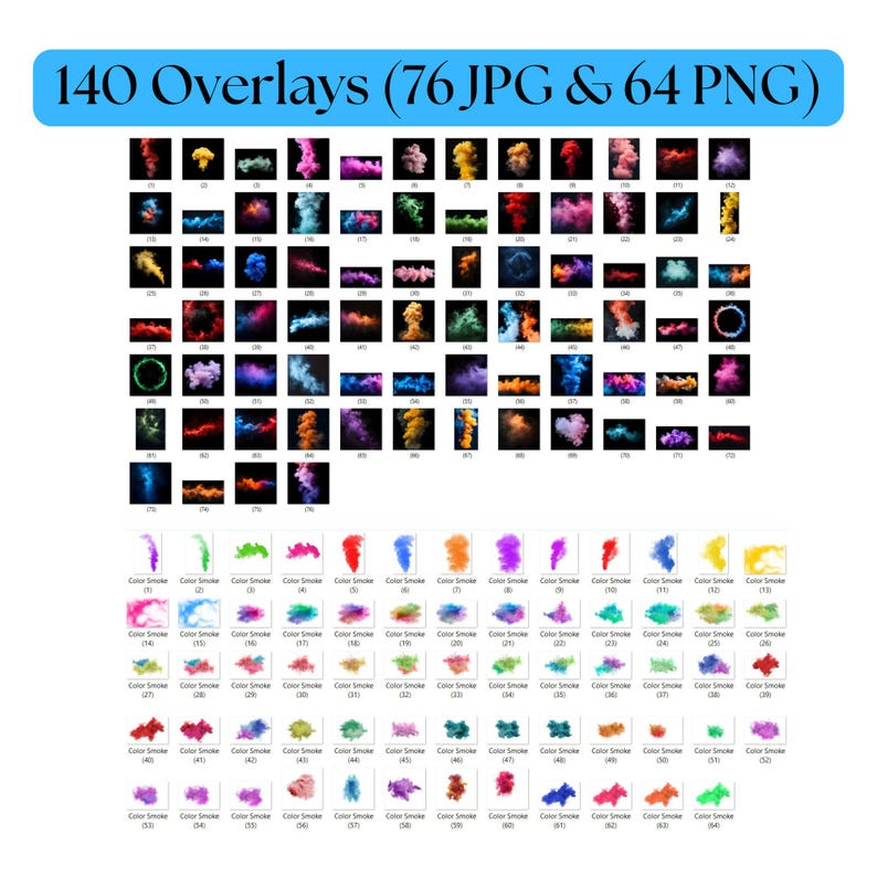 May include: A collection of 140 colorful smoke overlays, including 76 JPG and 64 PNG files. The images show various colors of smoke, including red, orange, yellow, green, blue, purple, and pink, against a black background.