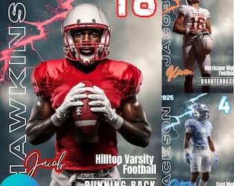 May include: A composite image featuring three football players. The central figure, in red, is labeled "Hawkins" and "Jacobs," a running back for Hilltop Varsity Football. Other players are in white and light blue uniforms. The image includes the text "Canva."